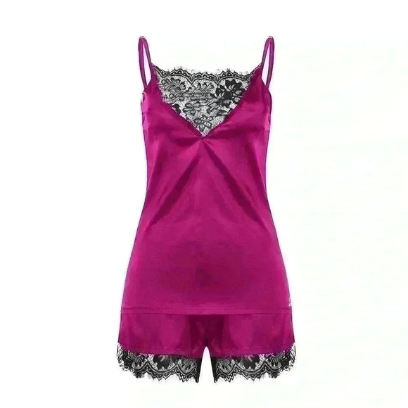 Pink Silky Tank & Shorts Black Lace - Picture 1 of 2